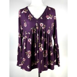 Purple Floral Print Long Bell Sleeve Babydoll Tunic Top Size Junior XL 15-17 Y2K